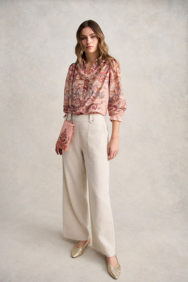 Cotton Silk Printed Shirt – Peach Paisley Print