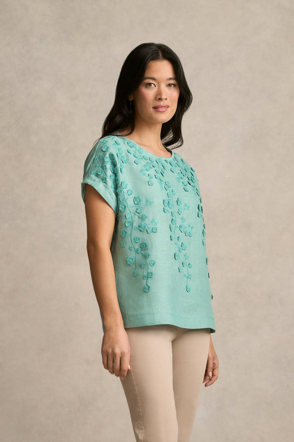 Mixed Linen Floral T-Shirt - Ocean Blue