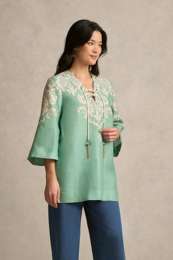 French Linen Tassel Kaftan - Gold Border Print