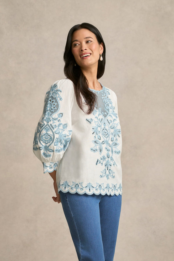 Embroidered Linen Blouse - Soft Chambray