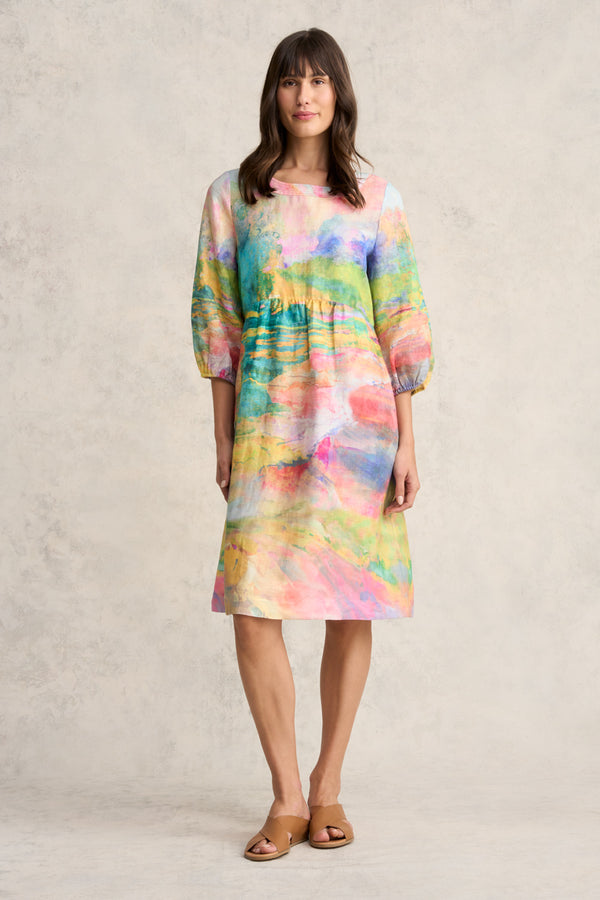 Printed Linen Dress - Abstract Landscape Print