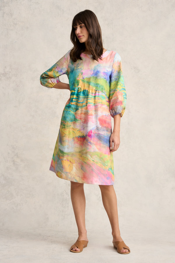 Printed Linen Dress - Abstract Landscape Print