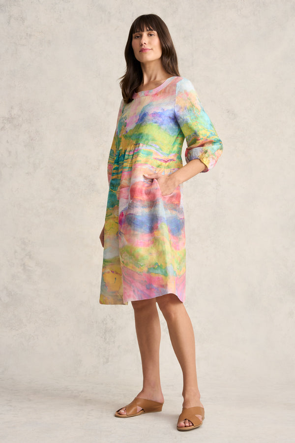 Printed Linen Dress - Abstract Landscape Print