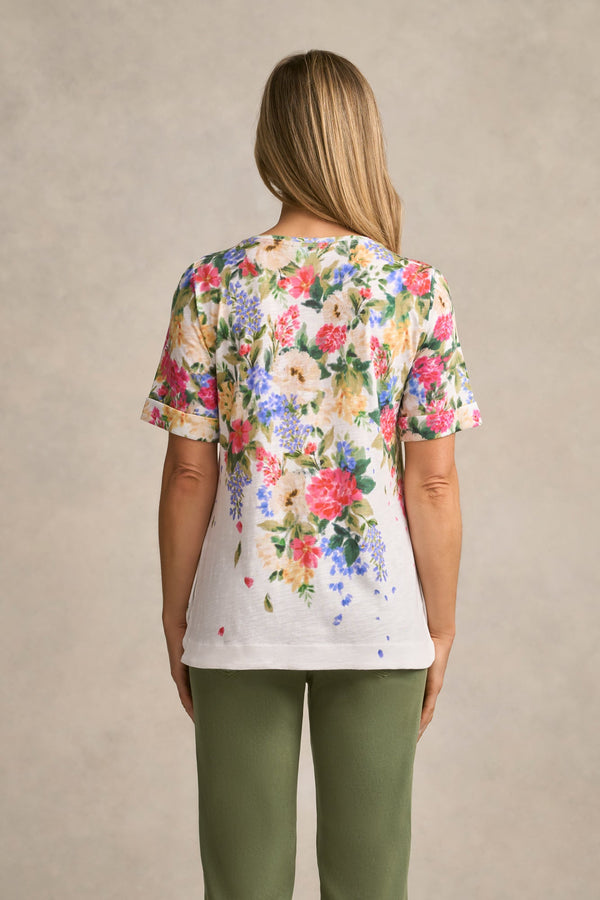 Printed V-Neck T-Shirt - Bloom Fall Print