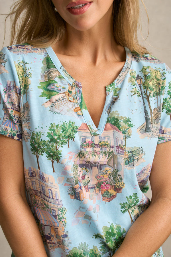 Notch Neck Cotton Tee - Paris Scene Print