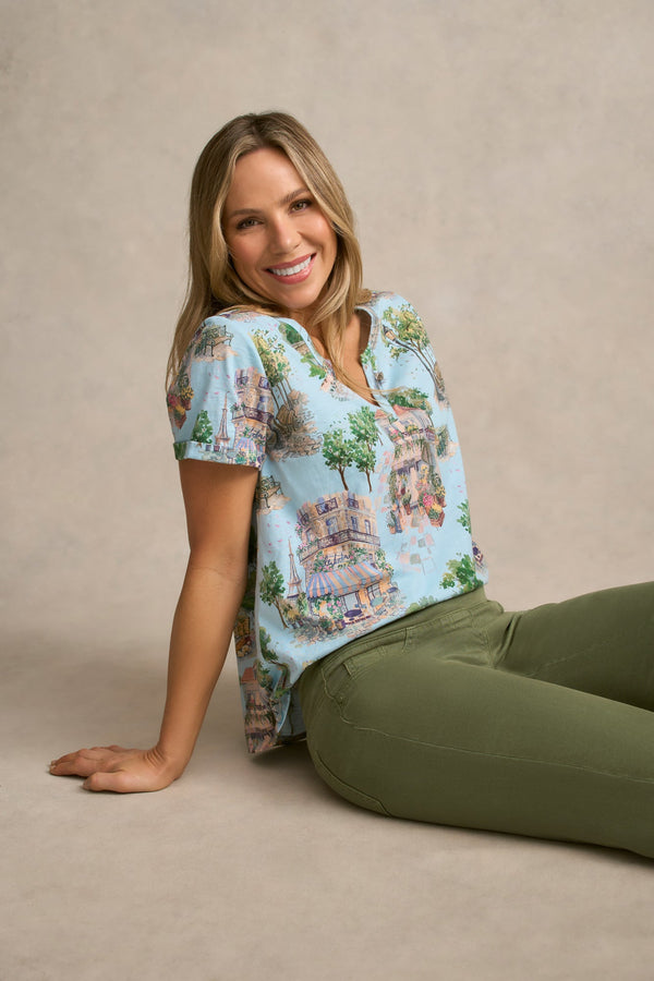 Notch Neck Cotton Tee - Paris Scene Print