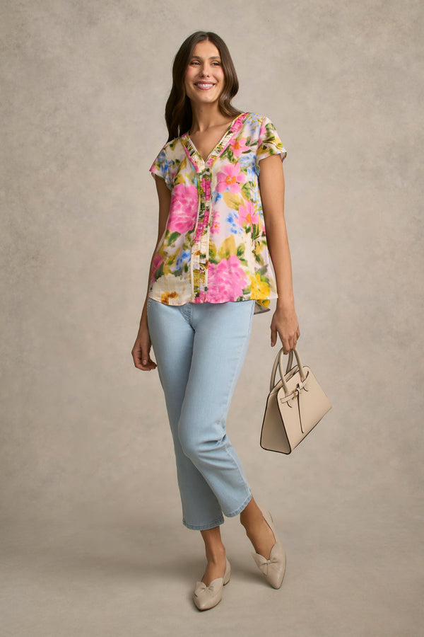 Ruched Short Sleeve Blouse - Spring Garden Print