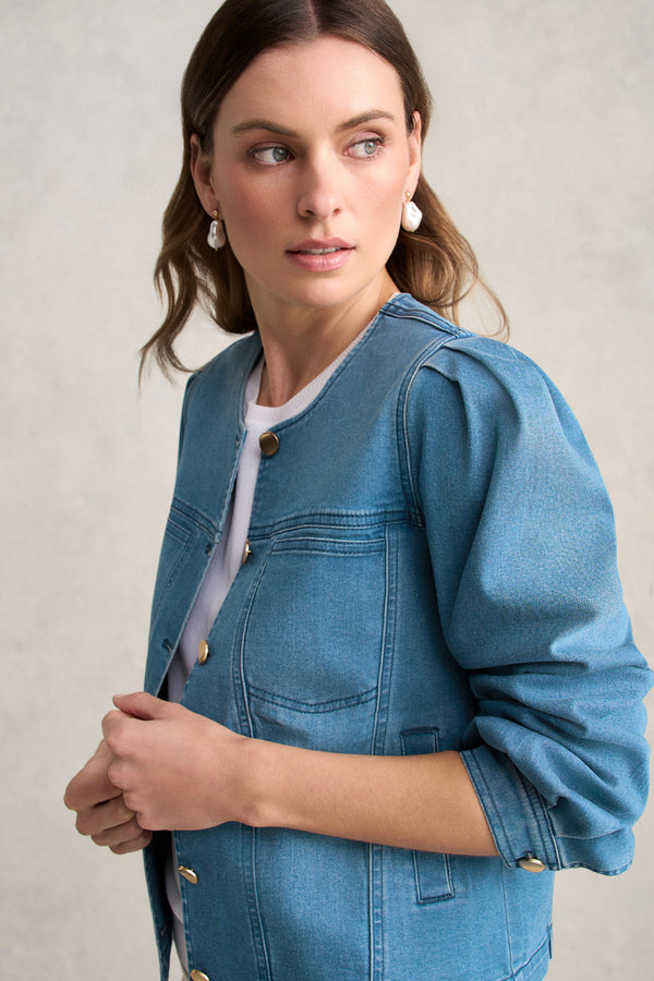 Puff Sleeve Denim Jacket- Mid Denim Blue