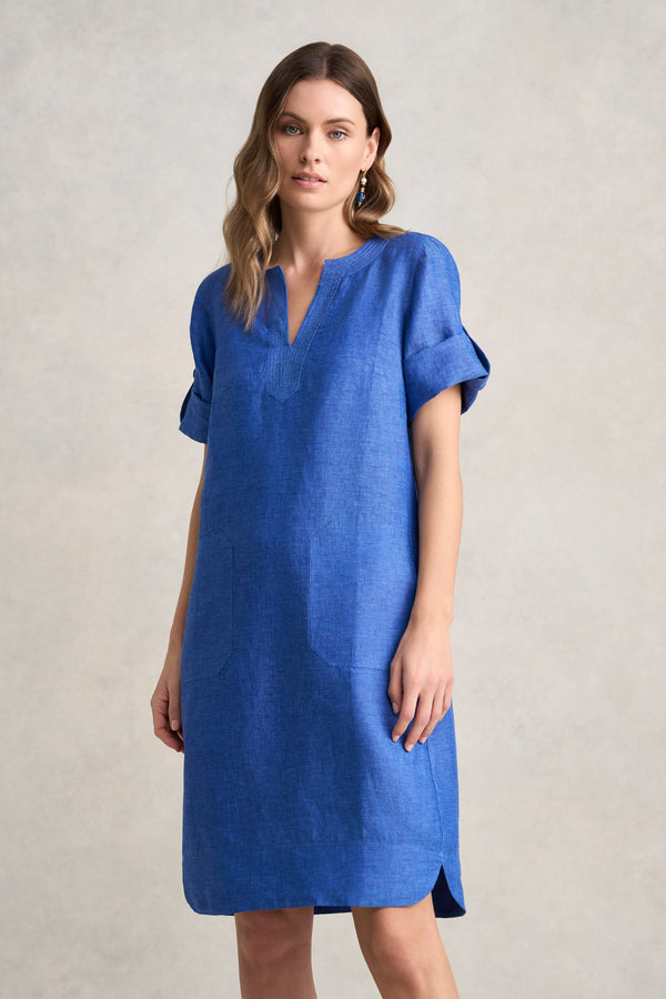 Stitch Detail Linen Dress – Periwinkle Cross Dye