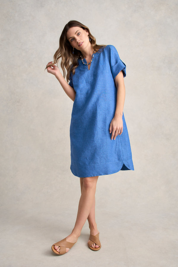 Stitch Detail Linen Dress – Periwinkle Cross Dye
