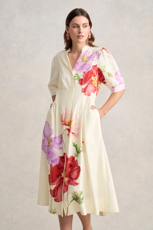 Pin Tuck Linen Dress – Poppy Print
