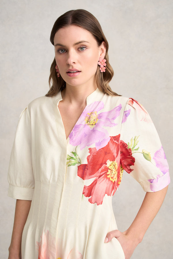 Pin Tuck Linen Dress – Poppy Print