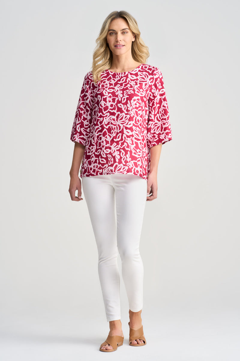 Rose Pink/ Off White Flower Embroidered Linen Top main image 1