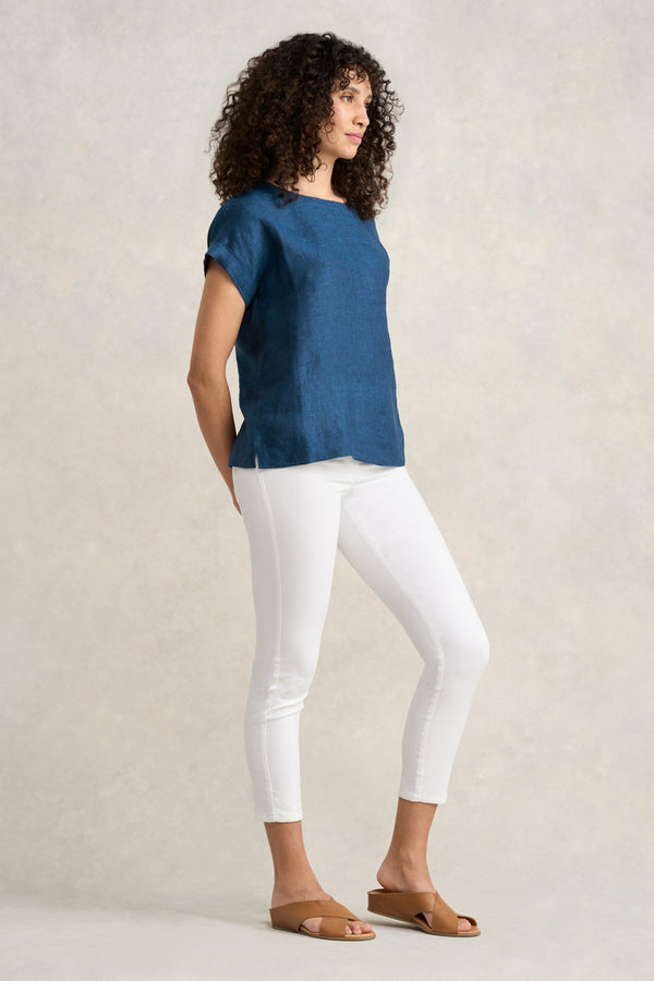 Linen Button Back Top - Navy Delave