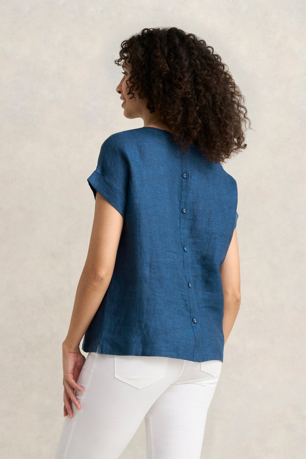 Linen Button Back Top - Navy Delave