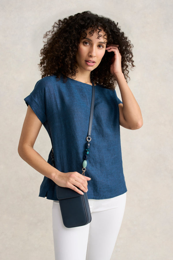 Linen Button Back Top - Navy Delave