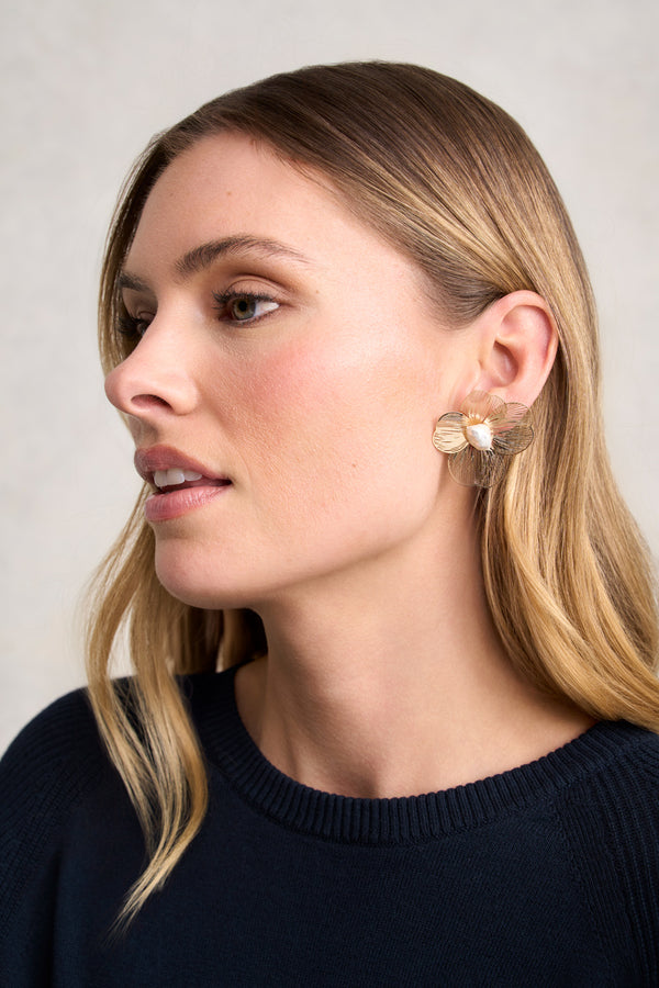 Flower and Pearl Statement Studs - Gold