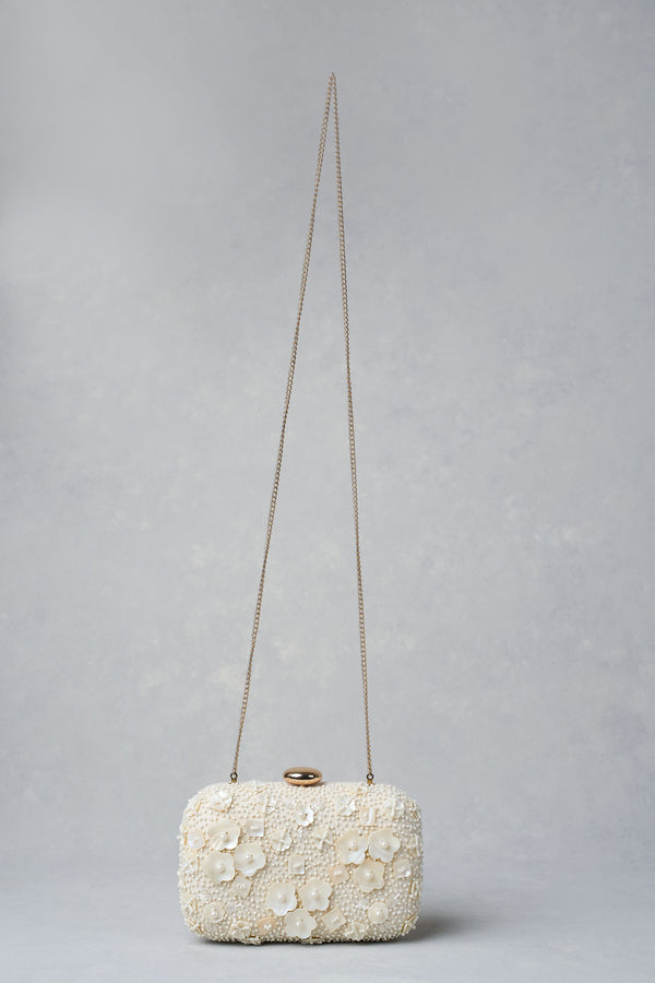 Floral Shell Beaded Clutch - Cream