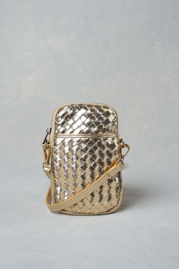 Woven Leather Phone Bag - Gold