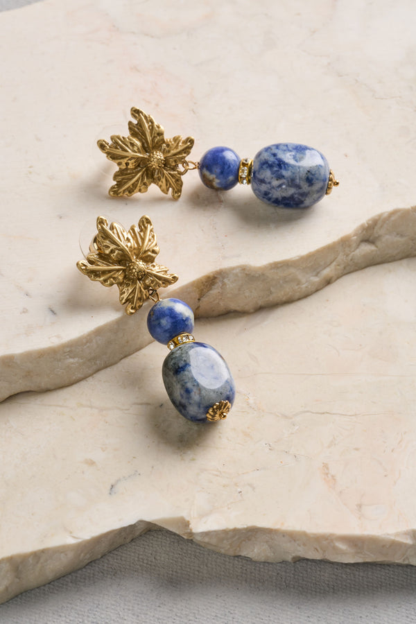 Floral Stone Earrings - Blue