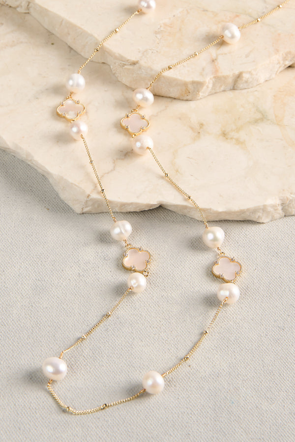 Long Pearl Clover Necklace - Mother of Pearl