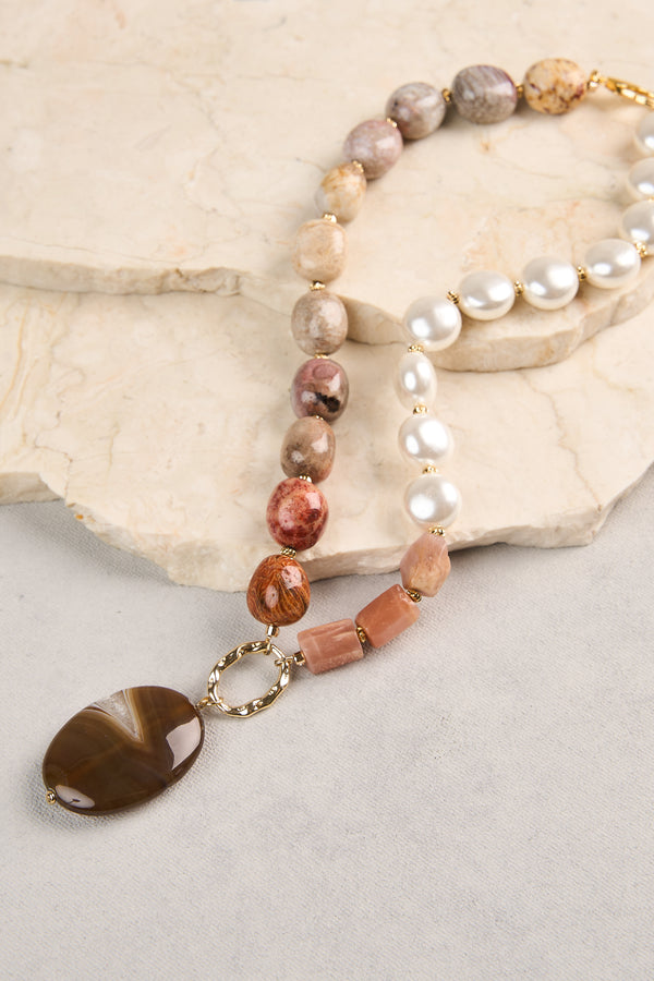Semi Precious Pendant Necklace - Neutral