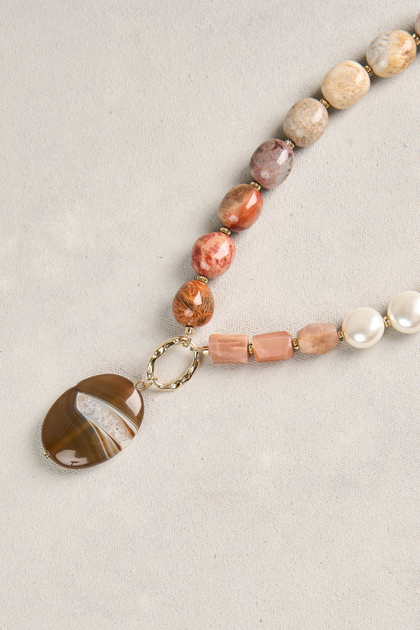Semi Precious Pendant Necklace - Neutral