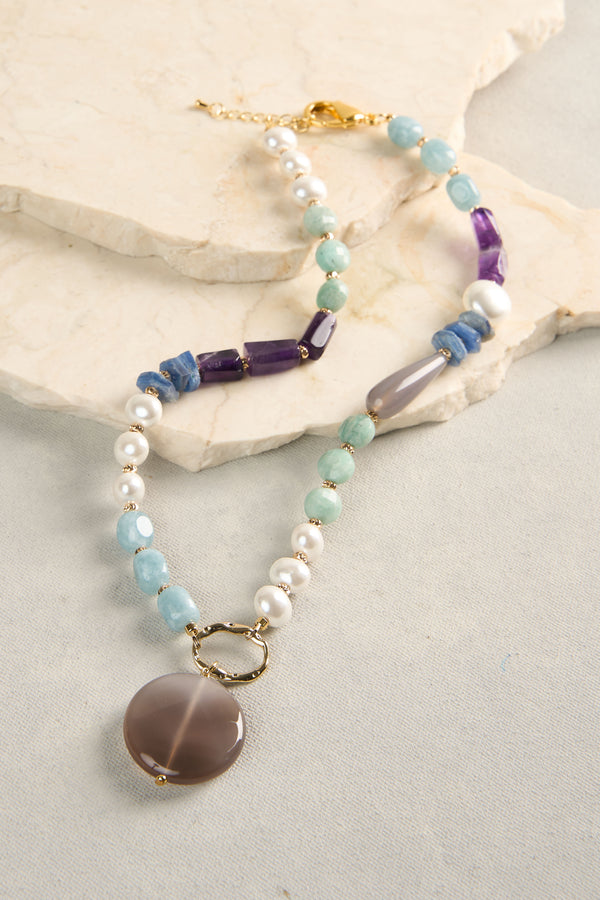 Mixed Bead Pendant Necklace - Blue Multi