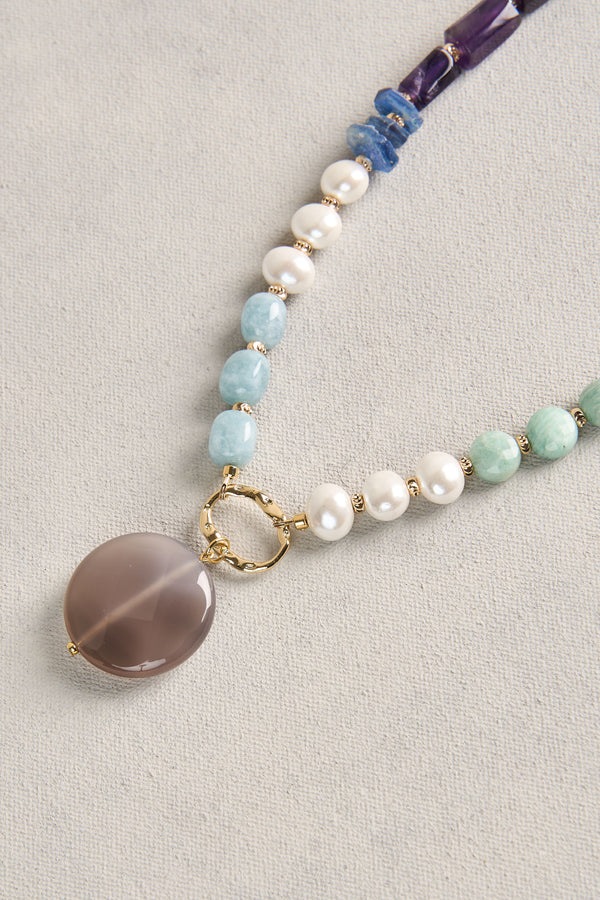Mixed Bead Pendant Necklace - Blue Multi