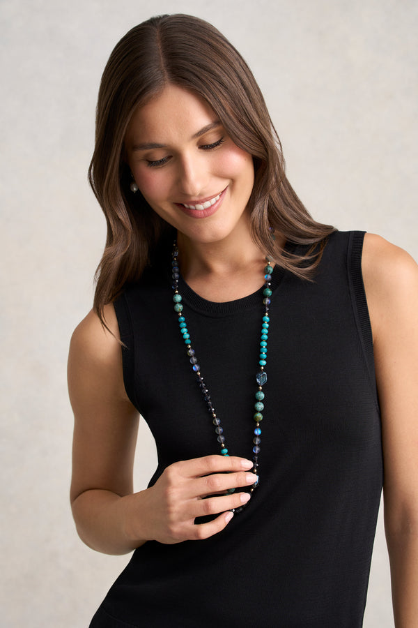Long Bead Necklace - Blue Multi