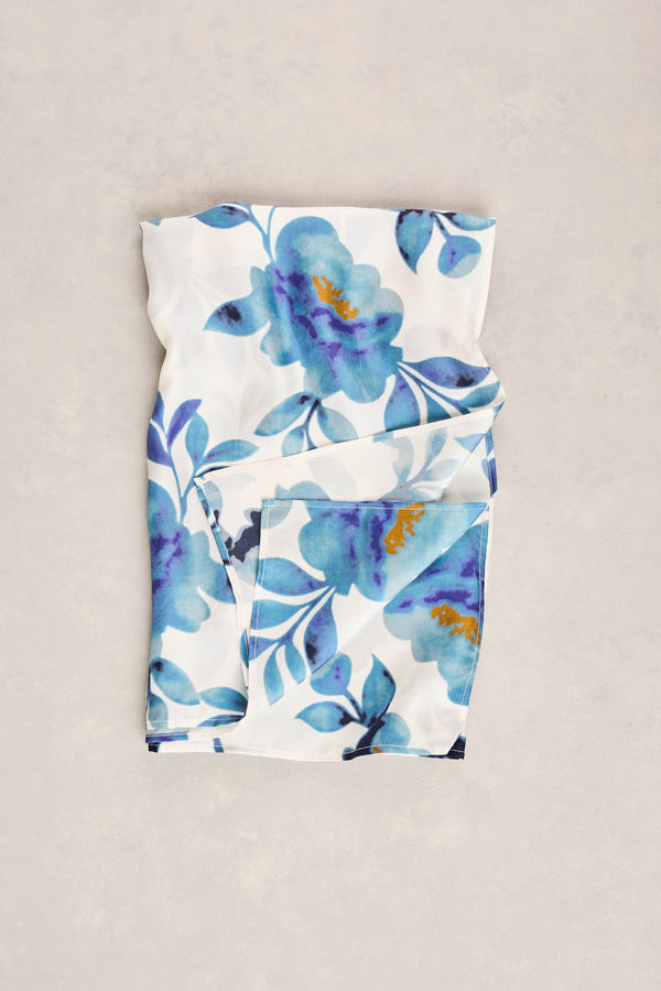 Floral Stamp Silk Scarf - Cobalt