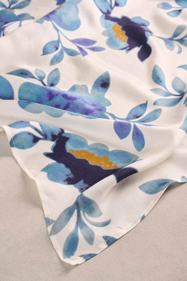 Floral Stamp Silk Scarf - Cobalt