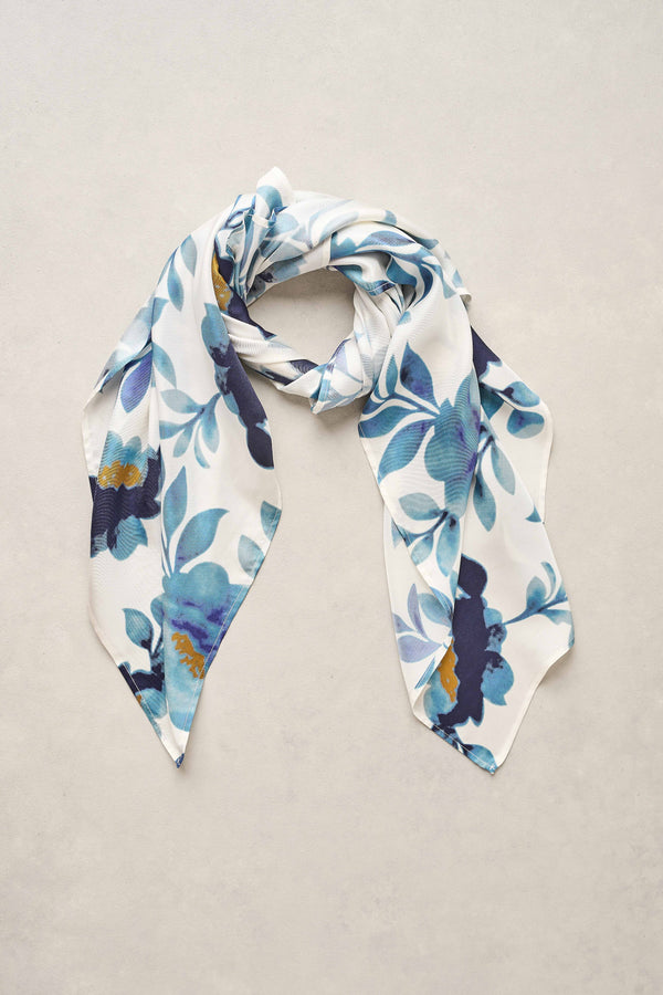 Floral Stamp Silk Scarf - Cobalt