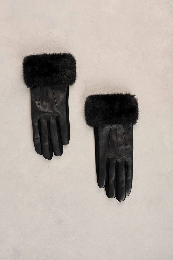 Faux Fur Trim Leather Gloves - Black