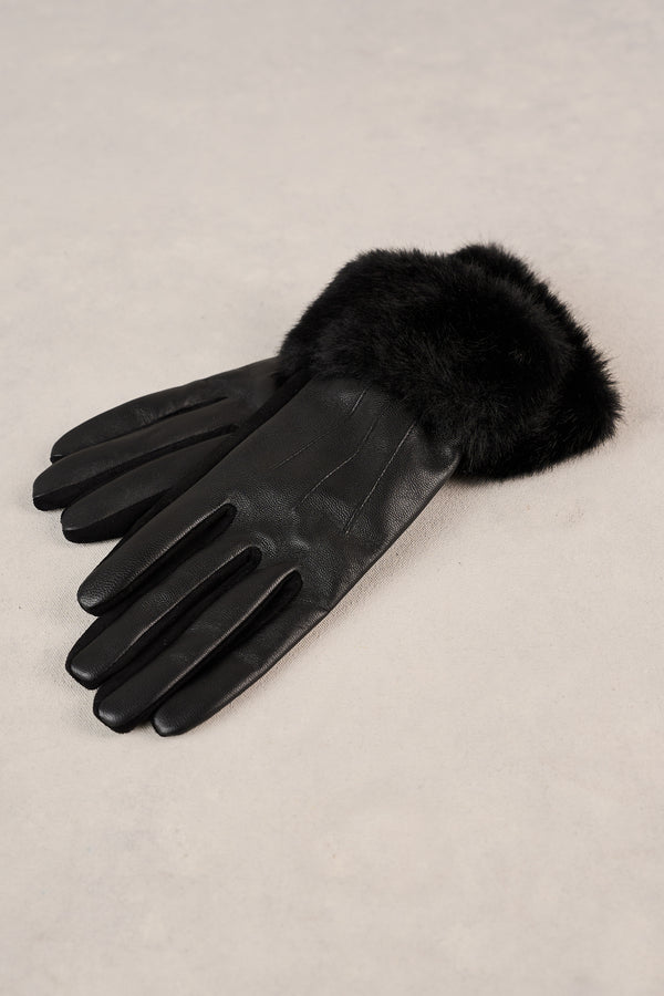 Faux Fur Trim Leather Gloves - Black
