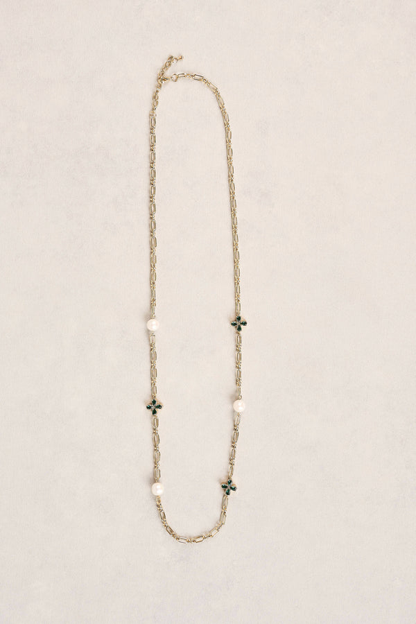Long Pearl Link Clover Necklace - Green