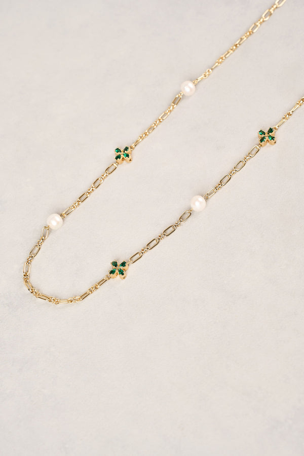Long Pearl Link Clover Necklace - Green