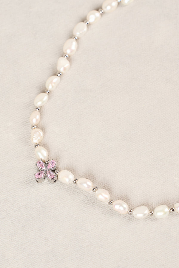 Freshwater Pearl Clover Necklace - Silver
