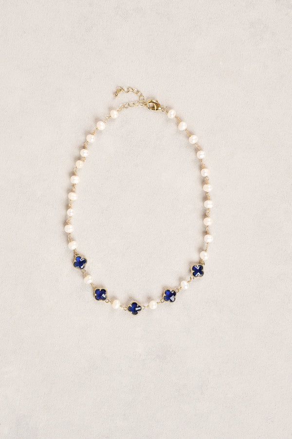 Long Pearl Link Clover Necklace - Green