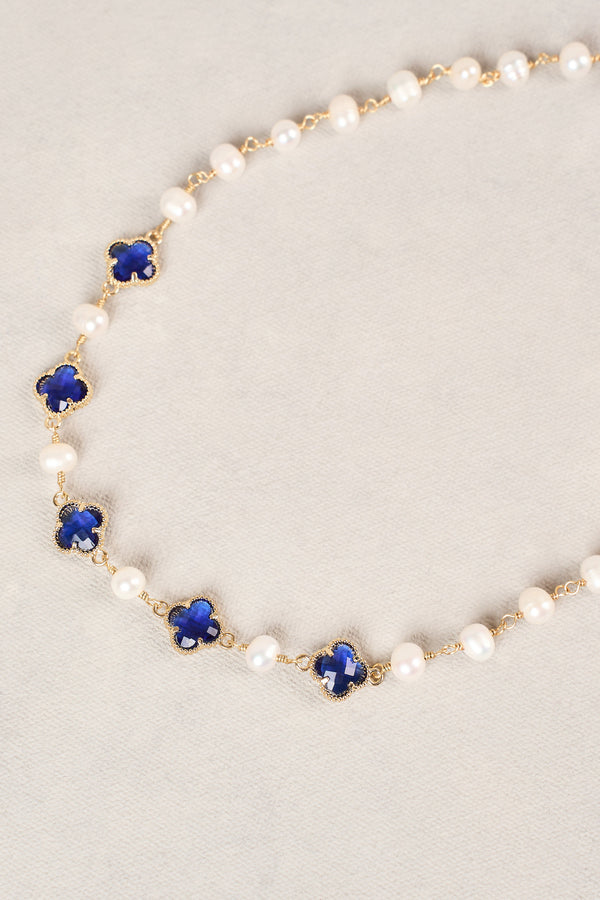 Long Pearl Link Clover Necklace - Green