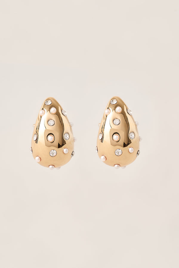 Pearl & Diamante Teardrop Studs - Gold