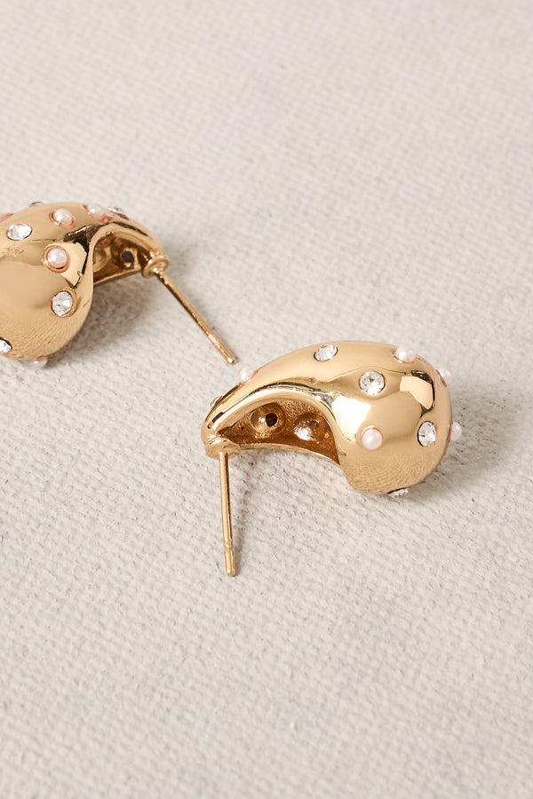 Pearl & Diamante Teardrop Studs - Gold