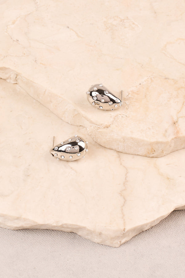 Pearl & Diamante Teardrop Studs - Silver