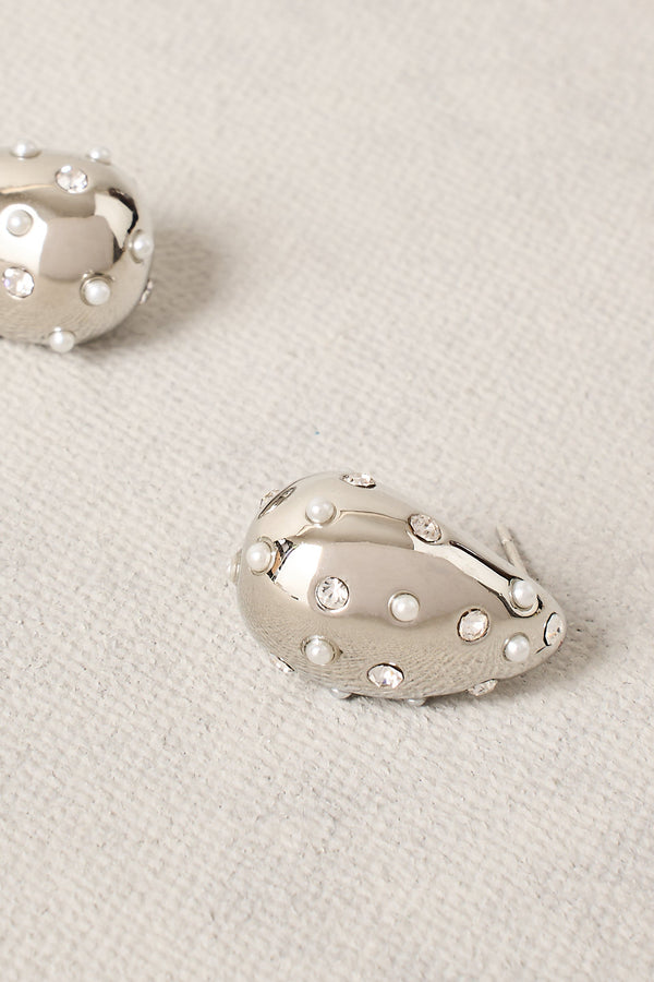 Pearl & Diamante Teardrop Studs - Silver