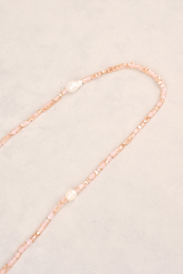 Long Square Beads Pearl Necklace - Dusty Pink