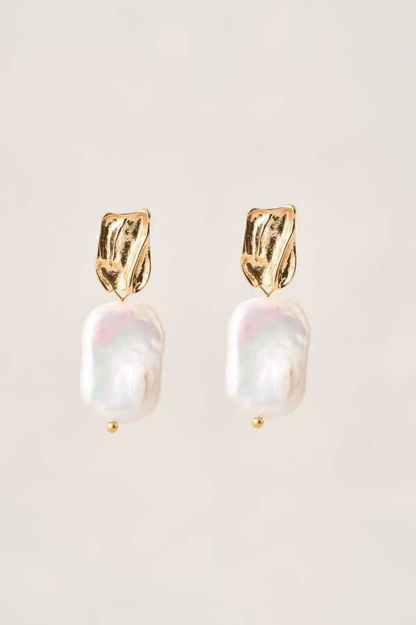 Textured Drop Pearl Earrings - Gold