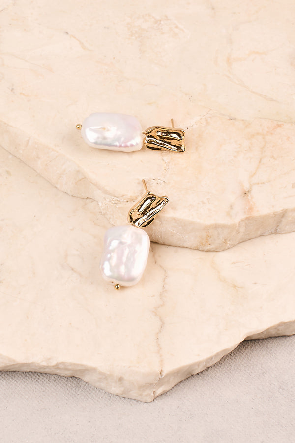 Textured Drop Pearl Earrings - Gold