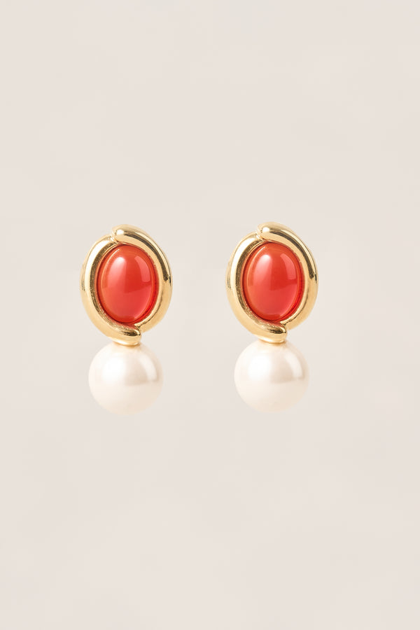 Oval Pearl Studs - Red