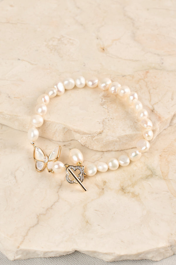 Butterfly Pearl Bracelet - Gold