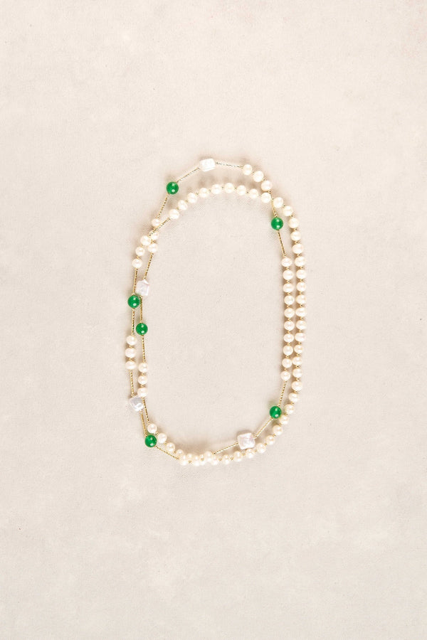 Long Flat Pearl Bead Necklace - Green